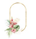 Watercolor tropical gold frame with bouquet of anthurium, lupine and palm leaves. Hand painted linear tropical flowers