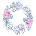 Watercolor tropical indigo floral wreath with pink calla frangipani and leaves of indigo palm monstera