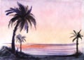 Watercolor tropical landscape of peaceful morning at seashore. Dark silhouettes of tall palms against tender lilac sky reflected