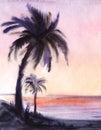 Watercolor tropical landscape of sunset beach. Dark blurry silhouette of big hairy palm with wide thick leaves against tender Royalty Free Stock Photo