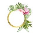 Watercolor tropical leaf illustration. Golden round frame with green exotic plants and flowers on white background