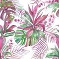 Watercolor tropical leaves bunch. Monstera, palm leaf, Cordyline seamless pattern. Summer tropical bouquet.