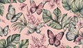 Watercolor tropical leaves with butterflies on a pink background. Tropical elements and butterflies, invitation design, wall decor Royalty Free Stock Photo