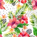 Watercolor tropical leaves and flowers arrangement background. Royalty Free Stock Photo