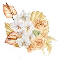 Watercolor tropical leaves and flowers bouquet. Luxure tropical leaves, branches, rose, pampas graas. Bohemian illustration