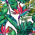 Watercolor tropical leaves and flowers with contour seamless pattern.