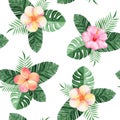 Watercolor tropical leaves and  flowers seamless pattern on white background Royalty Free Stock Photo