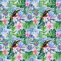 Watercolor tropical leaves, flowers and toucan illustration. Seamless pattern Royalty Free Stock Photo