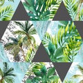 Watercolor tropical leaves and palm trees in geometric shapes seamless pattern Royalty Free Stock Photo