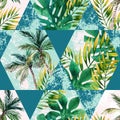 Watercolor tropical leaves and palm trees in geometric shapes seamless pattern Royalty Free Stock Photo