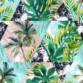 Watercolor tropical leaves and palm trees in geometric shapes seamless pattern Royalty Free Stock Photo