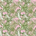 Watercolor tropical leaves pattern on pink background. Trendy botanical hand painted illustration Royalty Free Stock Photo