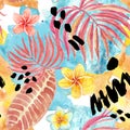 Watercolor tropical leaves seamless pattern. Hand painted palm leaf, exotic plumeria flowers and foliage on blue background