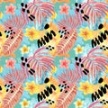 Watercolor tropical leaves seamless pattern. Hand painted palm leaf, exotic plumeria flowers and foliage.