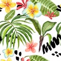 Watercolor tropical leaves seamless pattern. Hand painted palm leaf, exotic plumeria flowers and green foliage on white background