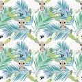Watercolor tropical leaves and skull seamless pattern