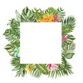 Watercolor tropical leaves square banner with space for text, isolated. Green exotic plants border. Palm leaf, monstera