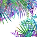 Watercolor tropical nature background. Tropical leaves, flowers and butterfly.