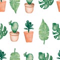 Watercolor tropical palm,monstera leaves with cactus in pots and succulents seamless pattern.Hand painted. Tropic summer time. Royalty Free Stock Photo