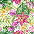 Watercolor tropical pattern with flowers, palm leaves, monstera Royalty Free Stock Photo