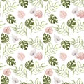 Watercolor tropical pattern with green palm tree leaves and white and pink anthurium flowers. Exotic background Royalty Free Stock Photo