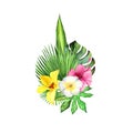 Watercolor tropical plant leaves and exotic plumeria orchid hibiscus flowers