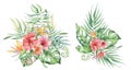 Watercolor tropical plants bouquets set. Exotic flowers and leaves, Royalty Free Stock Photo