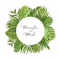 Watercolor tropical plants and leaves round wreath. Lalm leaf, monstera, banana foliage. Greenery modern border for design Royalty Free Stock Photo