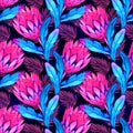 Watercolor tropical protea flower pattern, Australian flower, bright colorful exotic pattern on a white background Royalty Free Stock Photo