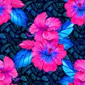 Watercolor tropical retro pattern with purple and pink hibiscus,Summer floral print Royalty Free Stock Photo