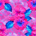 Watercolor tropical retro pattern with purple and pink hibiscus,Summer floral print