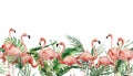Watercolor Tropical Seamless Border With Flamingo And Exotic Leaves. Hand Painted Floral Illustration With Pink Birds