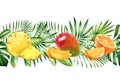Watercolor tropical seamless border. Orange, mango an ananas fruits in horizontal line. Exotic fruits and palm leaves