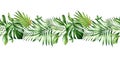 Watercolor tropical seamless border. Repetetive pattern. Horizontal decoration with jungle greenery. Exotic palm leaves