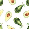 Watercolor tropical seamless pattern with avocado on a white background