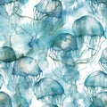 Watercolor tropical seamless pattern of blue jellyfish. Underwater animals isolated on white background. Aquatic