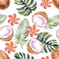 Watercolor tropical seamless pattern with coconut on a white background