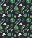 Watercolor tropical seamless pattern on a dark background.