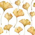 Watercolor tropical seamless pattern of dry ginkgo leaves. Hand painted exotic bouquet of plant isolated on white