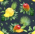 Watercolor tropical seamless pattern. Exotic fruits and palm leaves on dark blue background. Mango an ananas fruits