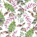 Watercolor tropical seamless pattern with fern leaves and tradescantia twigs
