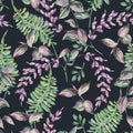 Watercolor tropical seamless pattern with fern leaves and tradescantia twigs