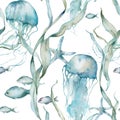 Watercolor tropical seamless pattern of jellyfish, fish, starfish and laminaria. Underwater animals and plant isolated