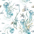 Watercolor tropical seamless pattern of jellyfish, starfish, laminaria and coral. Underwater animals and plant isolated