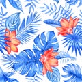 Watercolor tropical seamless pattern with leaves and flowes