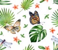 Watercolor tropical seamless pattern. Monarch butterflies, dragonflies and monstera leaves isolated on white. Small Royalty Free Stock Photo