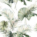 Watercolor tropical seamless pattern with monstera, banana and coconut leaves. Hand painted palm leaves isolated on Royalty Free Stock Photo