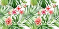 Watercolor tropical seamless pattern. Orchid flowers and palm leaves, monstera, coconut isolated on white. Botanical