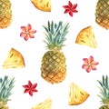 Watercolor tropical seamless pattern with pineapple on a white background