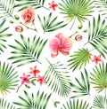 Watercolor tropical seamless pattern. Pink orchid flowers and palm leaves isolated on white. Botanical hand drawn floral Royalty Free Stock Photo